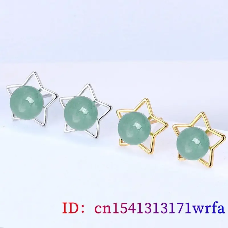 Anting-anting manik-manik giok Nephrite perhiasan batu bintang hijau asli kancing telinga mewah hadiah Talisman wanita ukiran alami perak 925