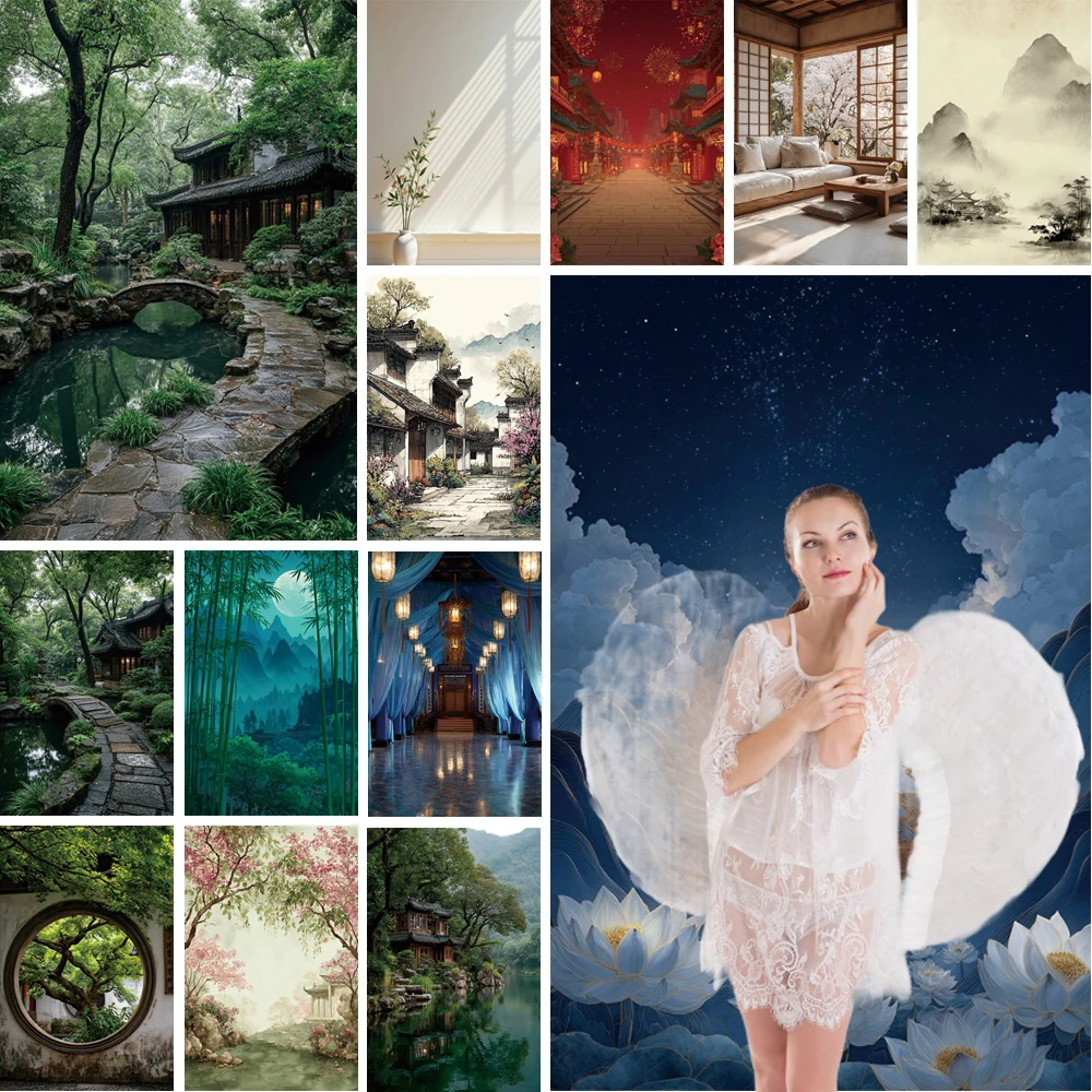 

MOON.QG Ancient Residences Backgrounds For Photography Curtains Stone Paths Pavilion Backdrop Poster Photo Studio Props Birthday