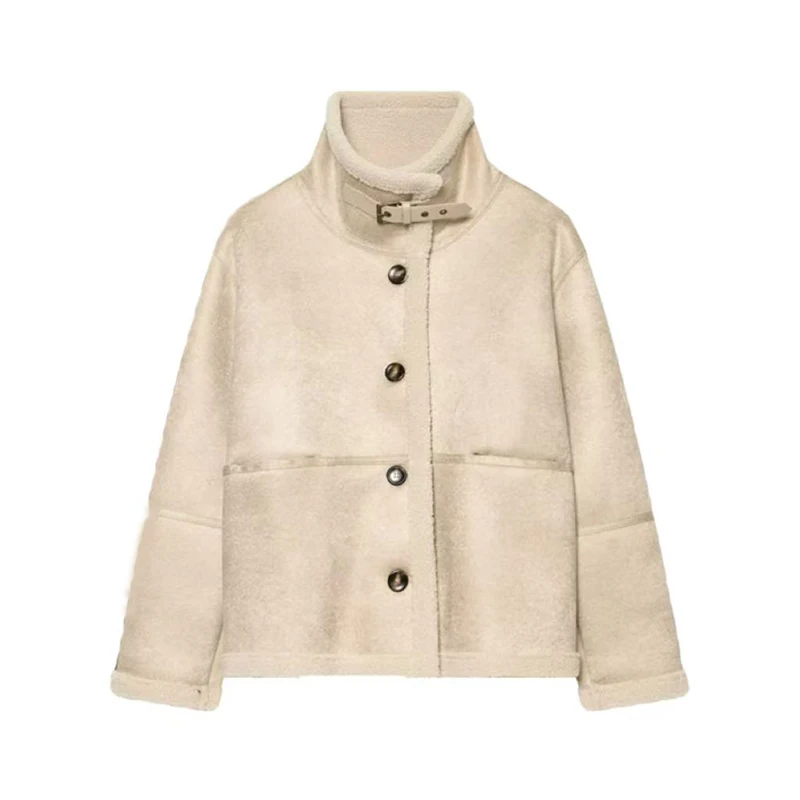Guobioziy 2026 Winter Classic Casual Women Stand Collar Fleece Lined Suede Short Coat Warm Outerwear For Street Look