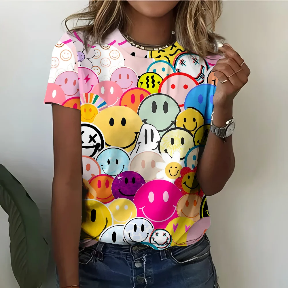 

2025 Summer Fashion Casual Women's 3D Printed Cartoon Smile Pattern Short Sleeve T-shirt Women's Elegant T-shirt Top