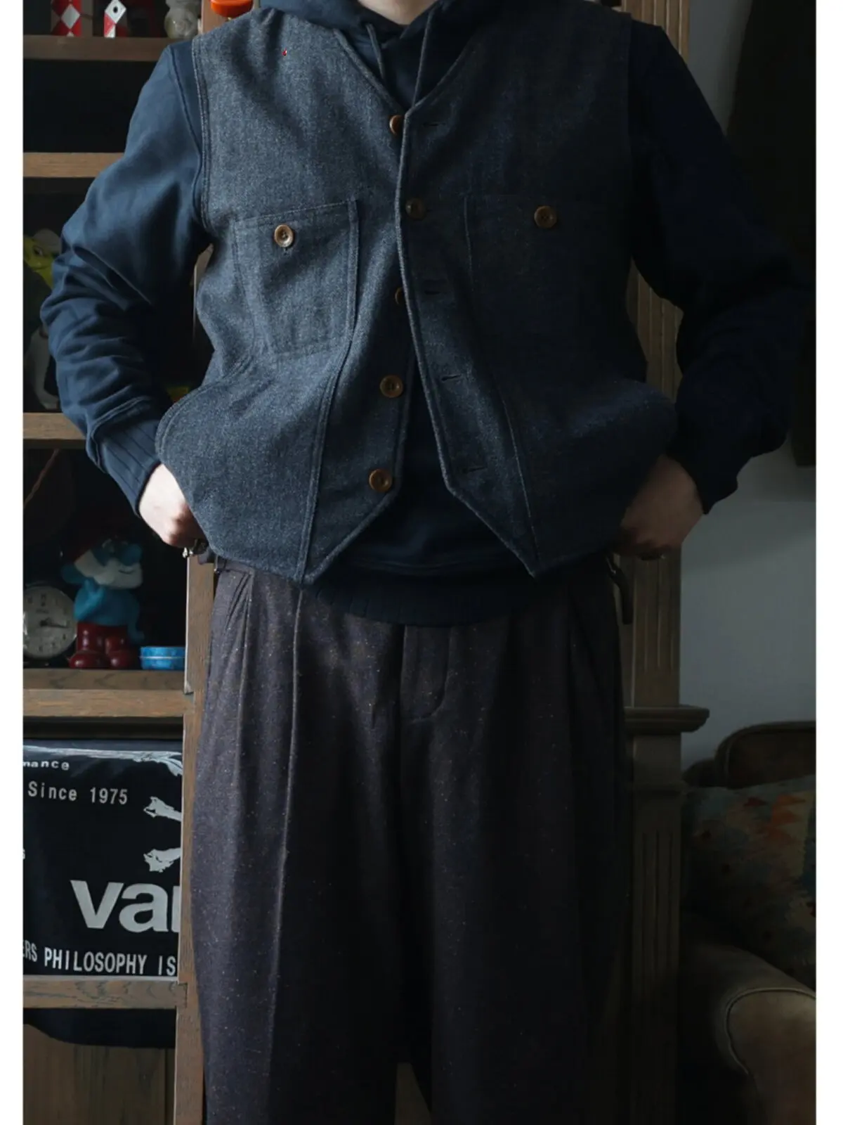 Secondorder FW24 Vintage Wool Work Vest Classic Houndstooth Pattern Workwear Waistcoat