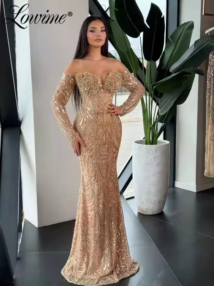

Deep Champagne Off Shoulder Evening Dresses Mermaid Sequins Prom Gown Women Birthday Party Dress Vestido De Noite Customized