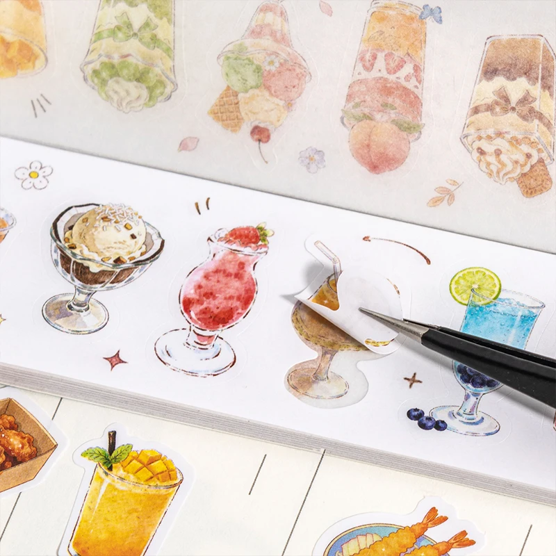 20pcs Die-Cut Sticker Book - Japanese Food & Dessert Vintage Showa Style,Glitter Matte Glossy Finish,School Stationery supplie