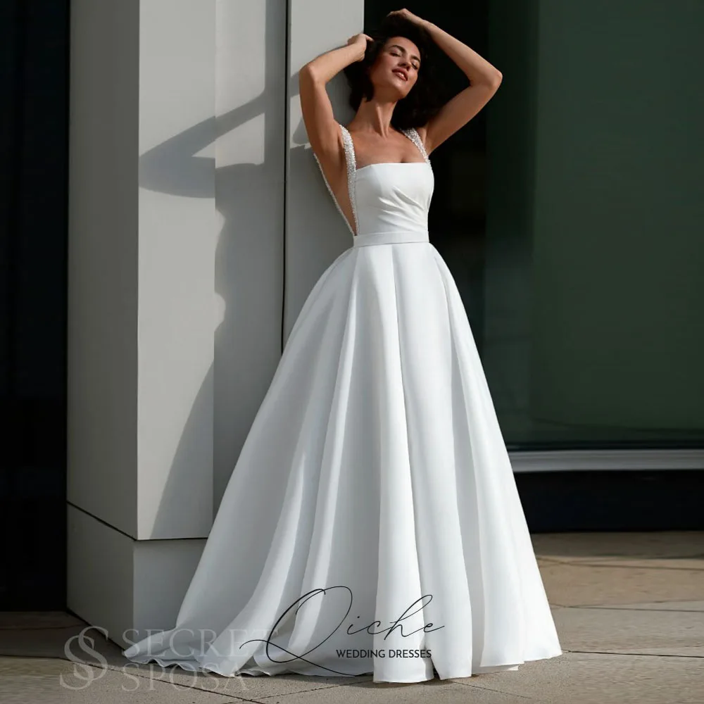 

QICHE сексуальные женские атласные свадебные платья квадратные 2025 классические пляжные свадебные платья Vestidos De Novia с бисером и открытой спиной по индивидуальному заказу