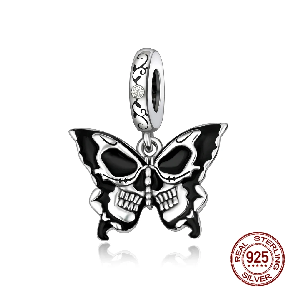 

925 Sterling Silver Gothic Black Butterfly Pendant Halloween Charm Fit Original Charm Bracelets Women DIY Jewelry Gift