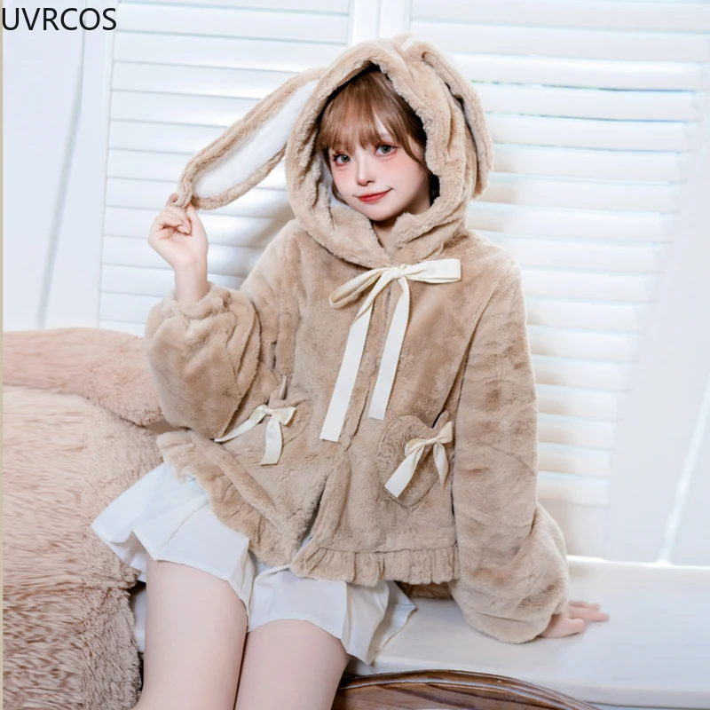 Winter Kawaii Warm Plush Coat Casual Faux Fur Women with Bunny Ears Outwear Jacket Female Korean Style Cute Hoodie Overcoat 2023