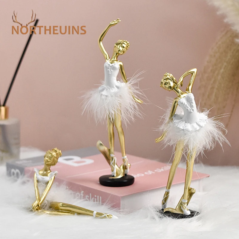 NORTHEUINS Nordic Luxury Cute Ballet Girl Resin Figurines Dancer Statue Home Bedroom Desktop Decoration Objects Birthday Present 