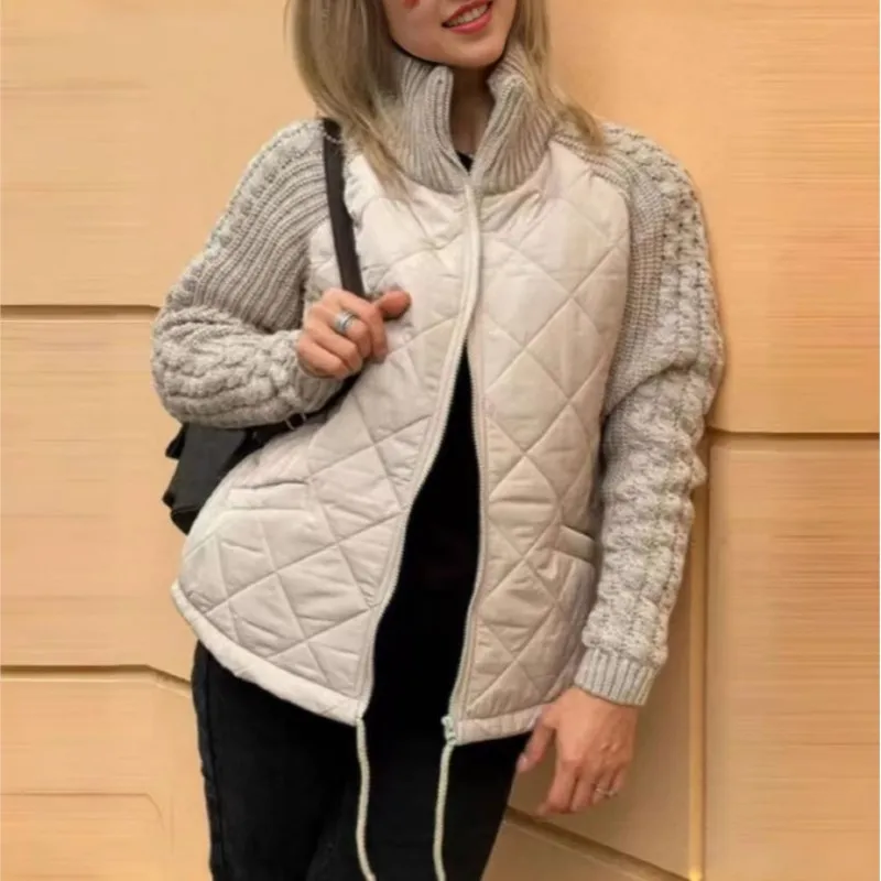 Autumn Winter Women's Cotton Jacket New Fashion Sweater Long Sleeved Patchwork Stand Collar Jackets Ladies Solid Versatile Coats