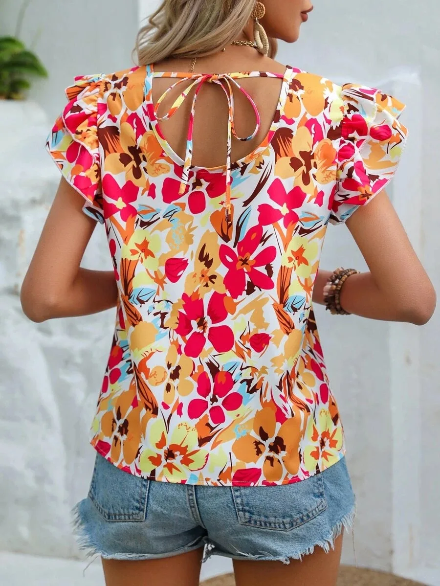 Fashion Flower Print Flying Sleeve Shirt Blouse Woman Spring Summer Casual O-neck Short Sleeve Blouses For Women 2023 Loose Tops