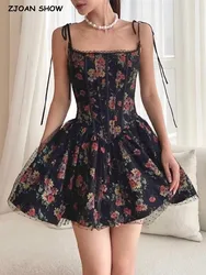 2023 Sexy Women Black Flower Print Spliced Mesh Bra Corset style Mini Dress Slim Waist Party Skater Bow Lacing up Sling Robe