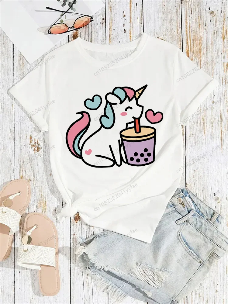 버블 티 하라주쿠 카와이 티셔츠 여성 재미있는 만화 티셔츠 귀여운 애니메이션 탑 걸스 티 여성