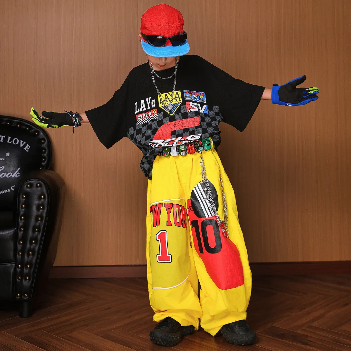 Kid Kpop Hip Hop Clothing Black Letters Biker T Shirt Yellow Graphic Skate Baggy Pants for Girl Boy Street Dance Costume Clothes