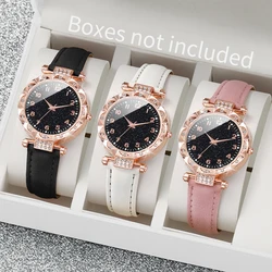 3pcs/set Women Ladies Fashion Leather Strap Heart-shaped Dial Quartz Watch Black White Pink Set