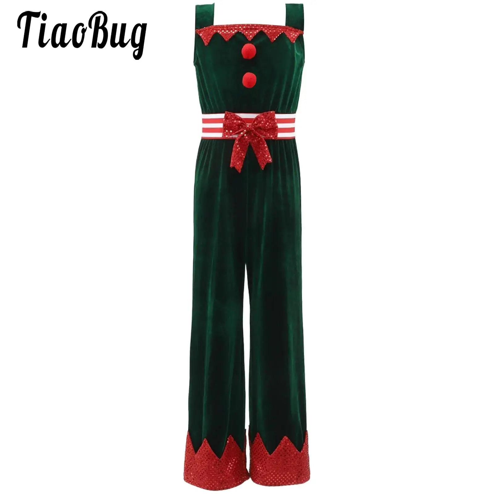 

Girls Christmas Elf Costumes Leotards Jazz Dance Dresses Sleeveless Shoulder Straps Pompom Jumpsuit for Xmas Satan Claus Party