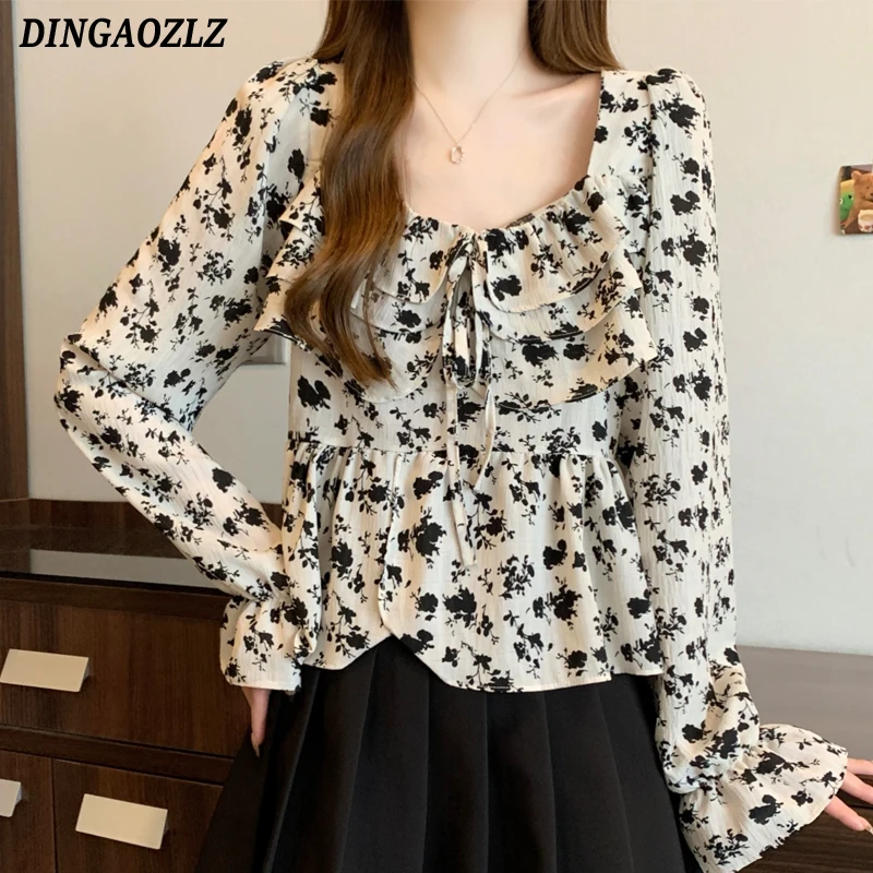 

Spring Autumn New Fashion Loose Shirt Square Collar Lace Up Ruffles Floral Printed Tops Casual Flare Sleeve Women Blouse