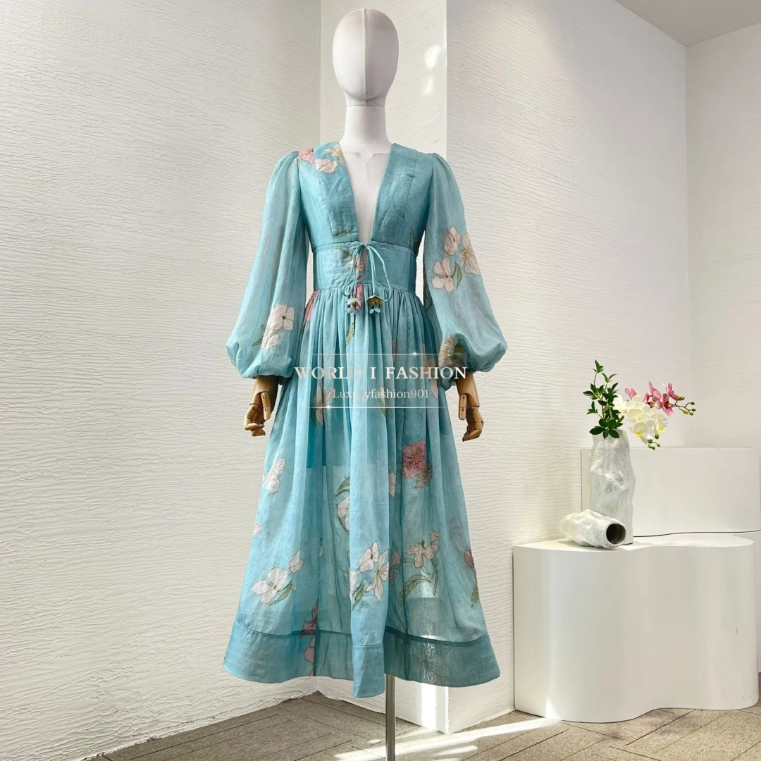 2025 Linen Silk High Quality Women Summer Holiday Collection Floral Print Lace-up High-waist Midi Dresses