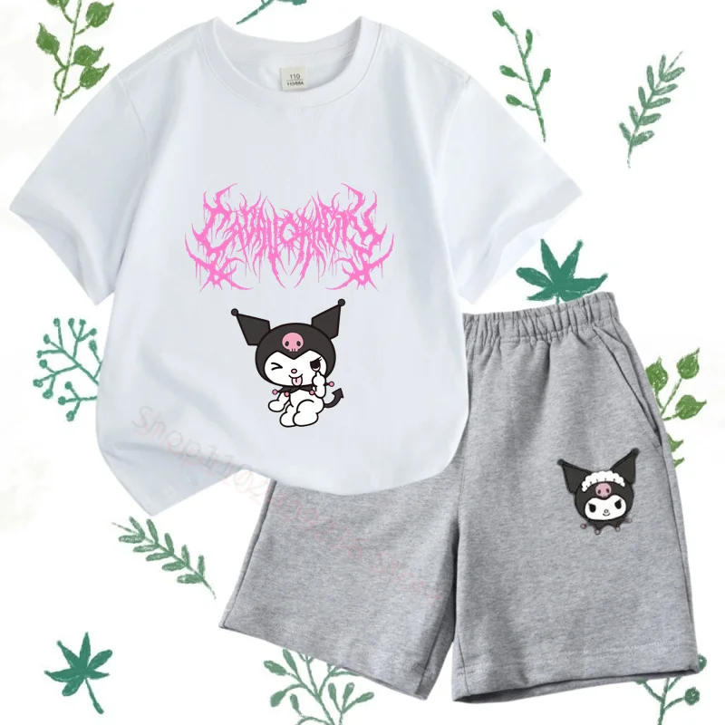 2024 new summer 100% cotton T-shirt children's clothing Kuromi cartoon style girls boys fashion casual T-shirt suit