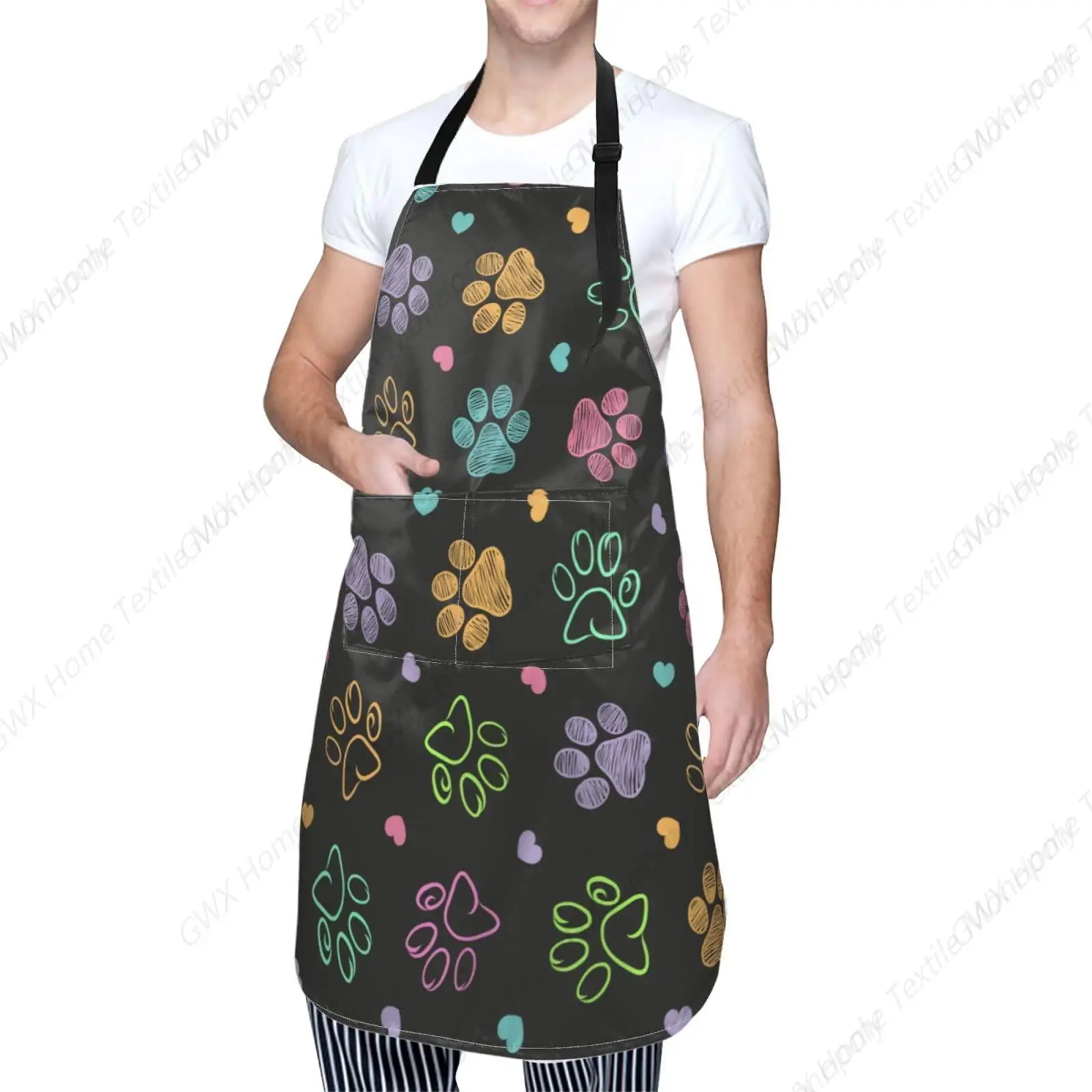 Dog Animal Paws Adjustable Bib Neck Apron Polyester with 2 Pockets Cooking Kitchen Aprons for Men and Women Chef, Mom Aunt apron