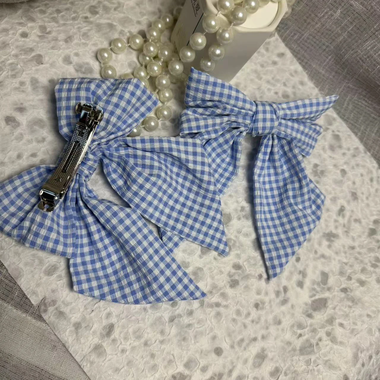 Blue Color Plaid Cute Satin Cloth Ribbon Hair Bows Barrettes French Coquette Bow Hair Clips for Women Girls