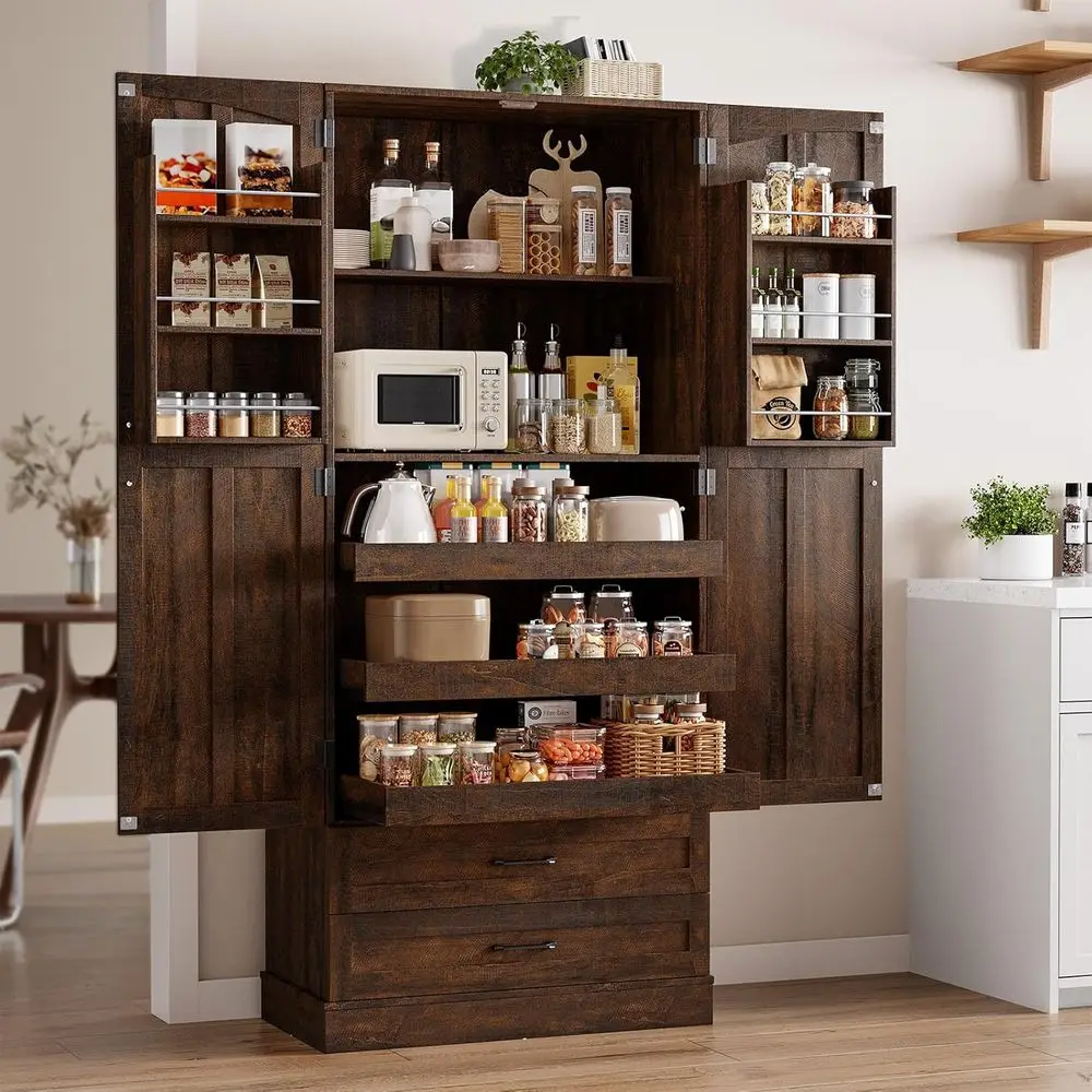 71 Tall Armhouse Kitchen Pantry Cabinet with 3 Slide-Out Shelves & 2 Spacious Drawers for Storage