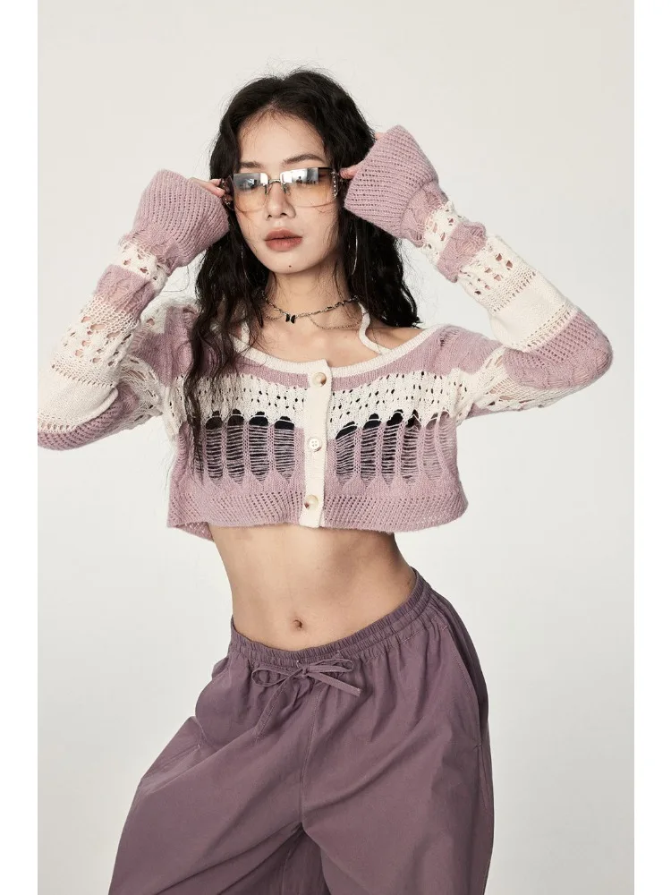 Deeptown Y2k Hollow Out Bolero Women Harajuku Sexy Sweater Cardigan Gyaru Vintage Cropped Knitwear Loose Female Streetwear Boho