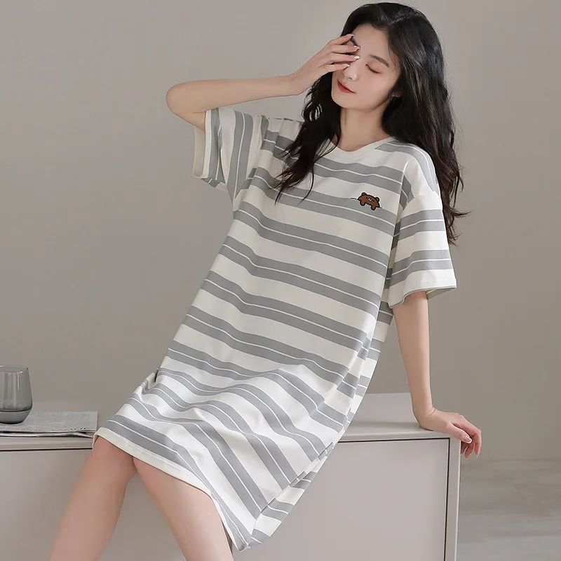 2023 Summer New Women's Striped Pajama Skirt Thin Cotton Loose Size Short Sleeve Home Suit Can Wear Round Neck Externally Female