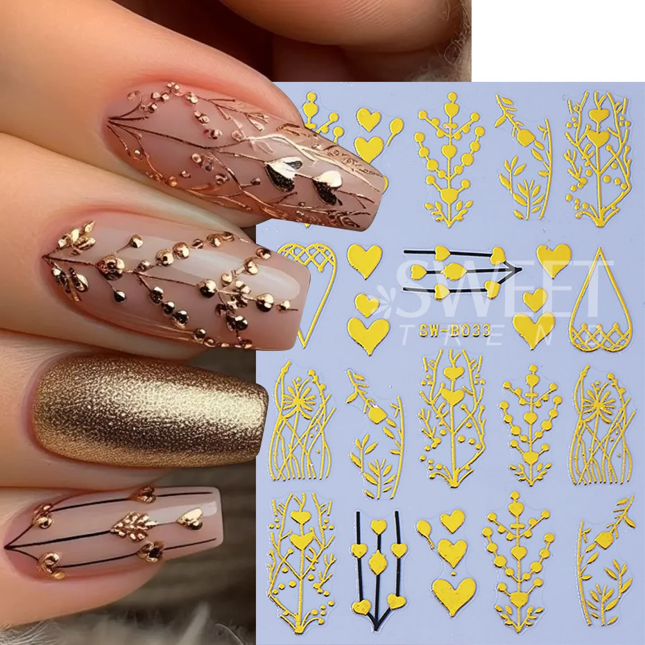 2 uds flores bronceadas pegatinas para decoración de uñas Metal de lujo pétalos de corazón dorados línea de vid geometría calcomanías para uñas decoración de manicura deslizador