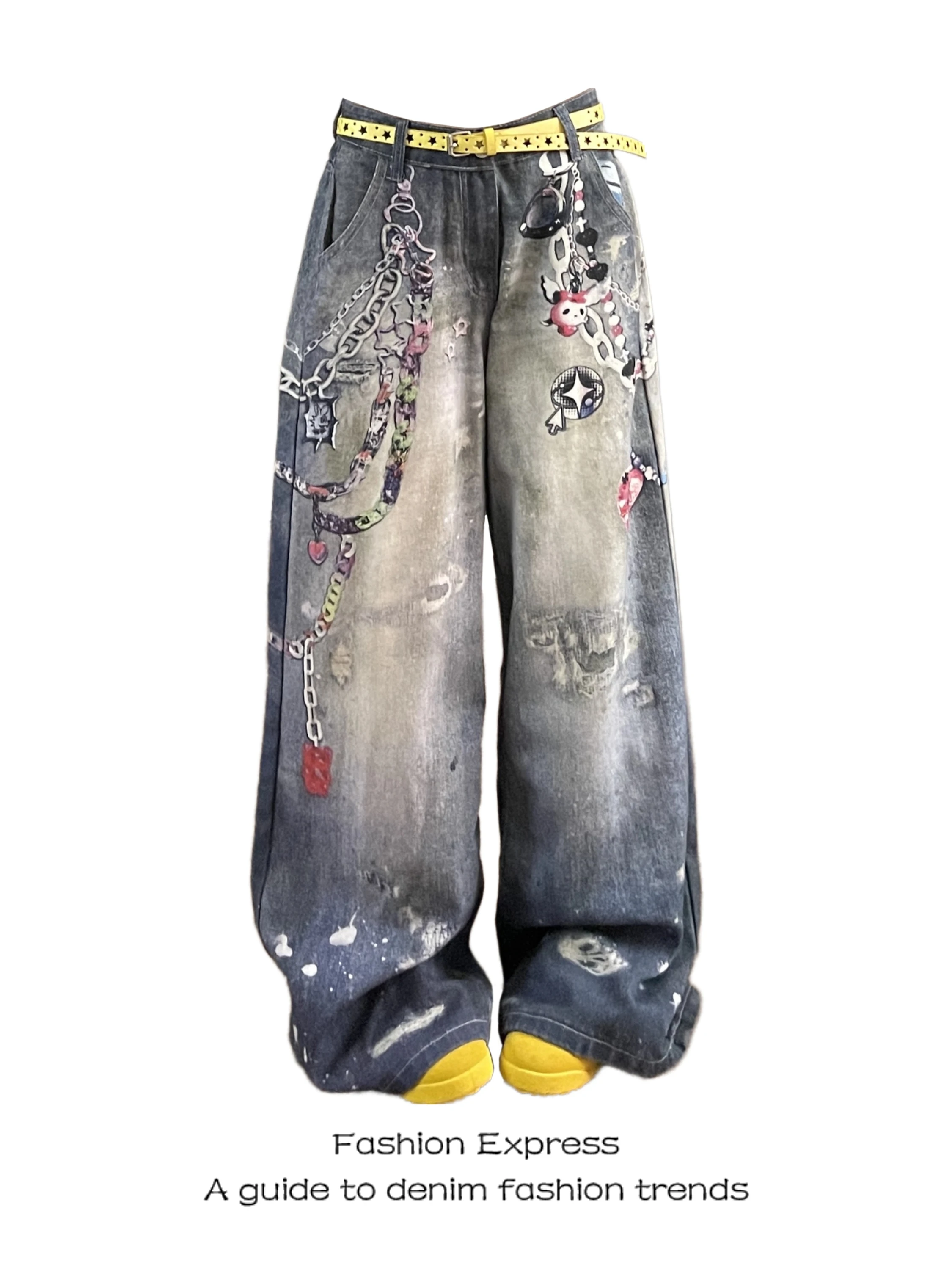 

Fashionable Wide Leg Jeans Women's New Style American 3D Chain Print Design Casual High Waist Denim Pants with Durable Wear