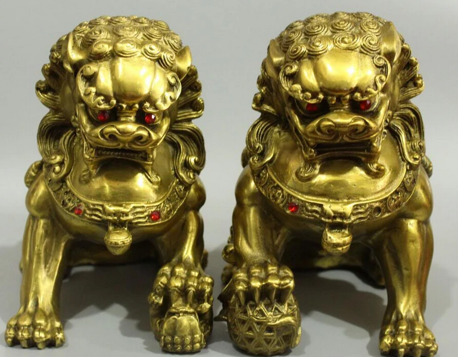 Chinese Bronze Guardian Foo Fu Dog Phylactery Door Lion bALL Kid Pair Sculpture R0711