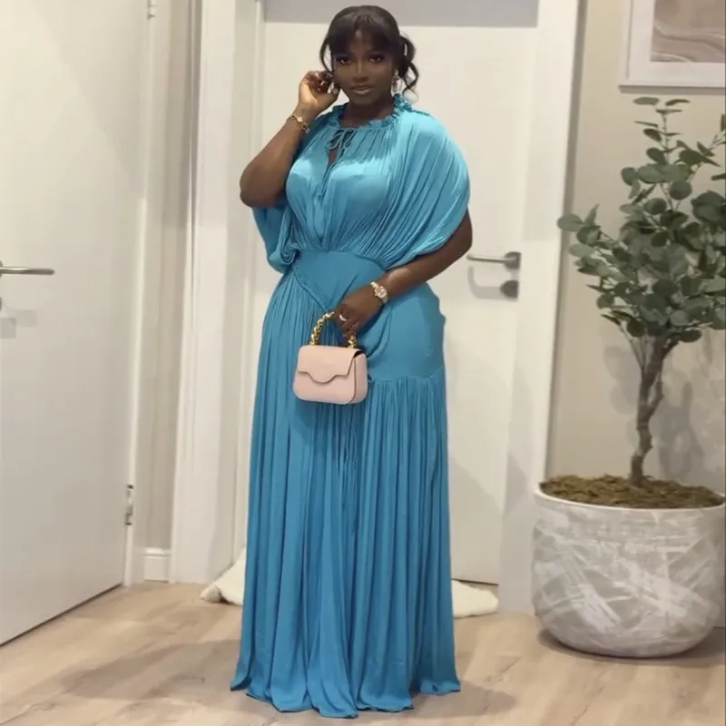 Elegante Neue Mode Frauen Sommer Kleid Blau Farbe Lose Geraffte Falten Patchwork Big Hem Langes Kleid