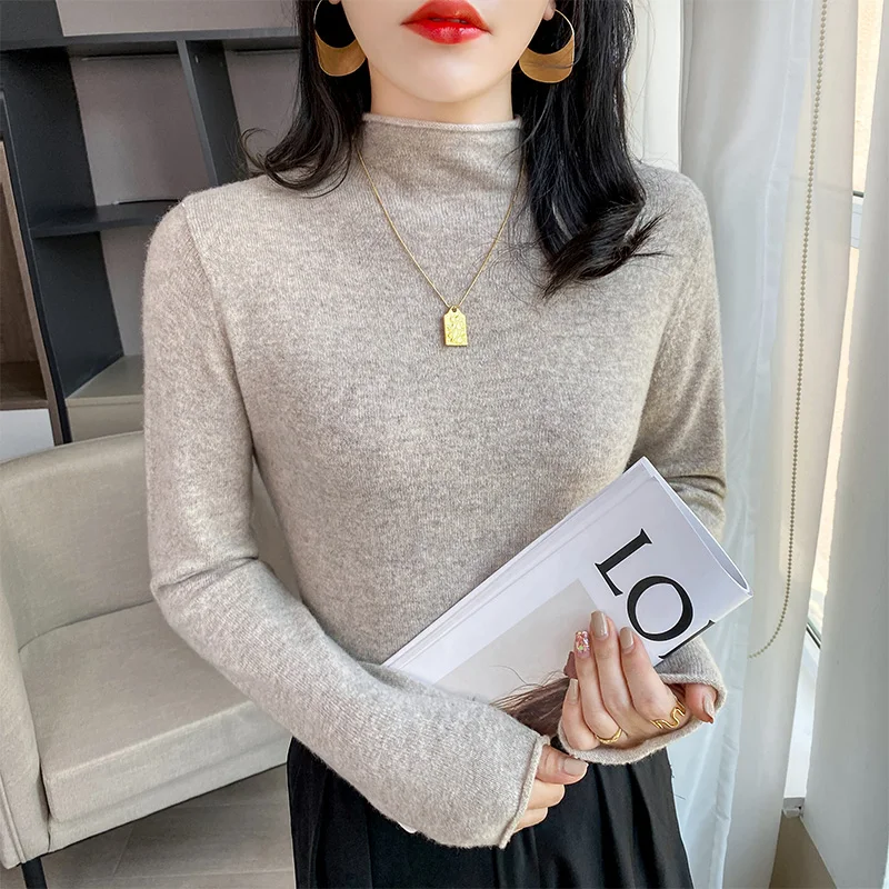 Autumn Winter New Crimped Cashmere Sweater Women Keep Warm half Turtleneck Pullovers Knitting Sweater Fashion Long Sleeve Tops