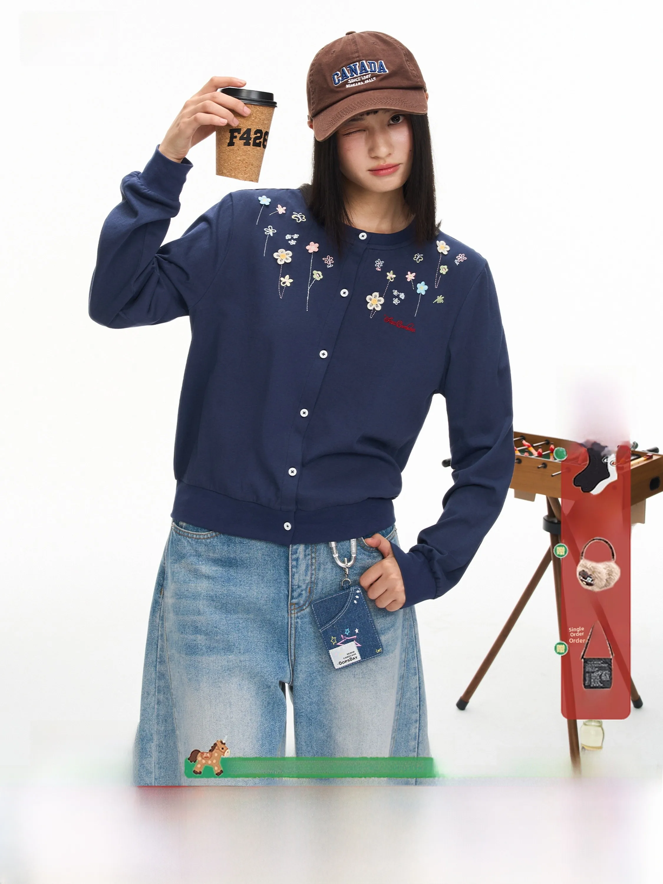 F426 Store Rajutan Ringan Bernapas Model Bulat Lengan Panjang Bersulam Bunga, Atasan Santai Musim Panas Terbaru