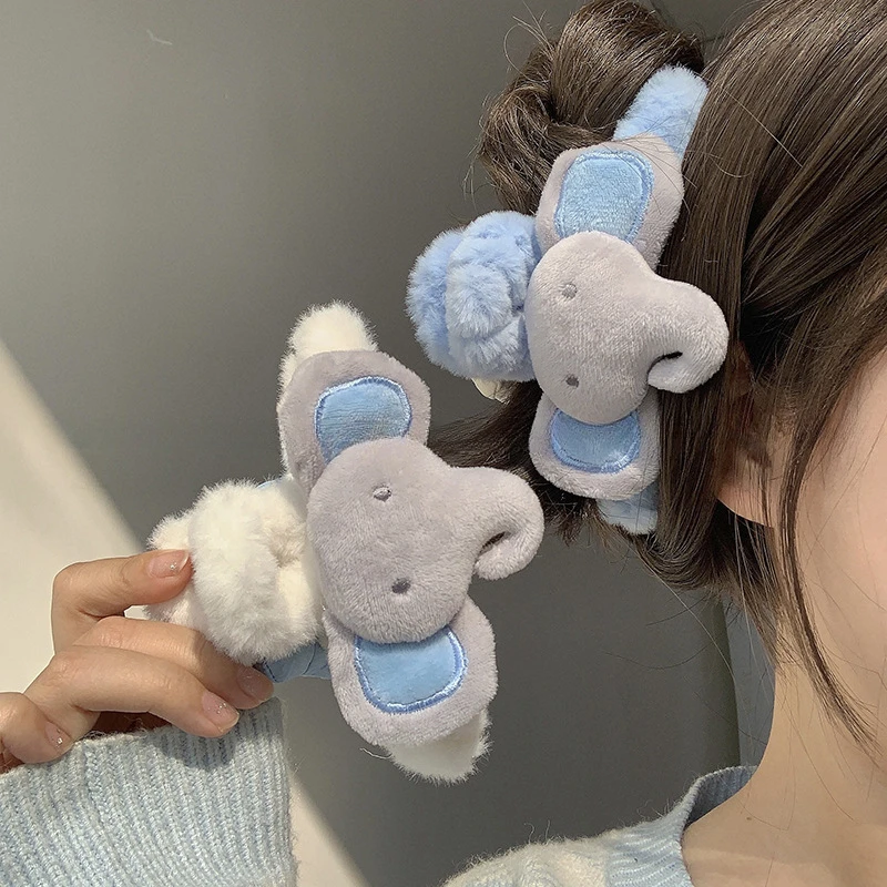 Double-sided blue elephant grab clip cute plush autumn and winter crab clip shark clip girly heart bow female hair accessories