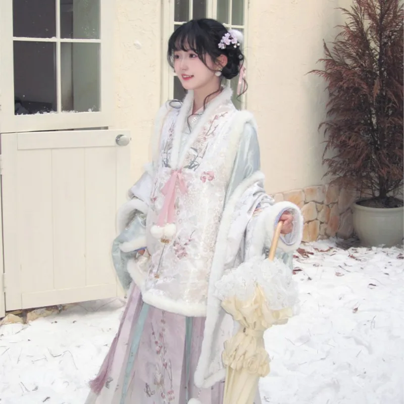 Hanfu collar with print skirt warm three-piece set