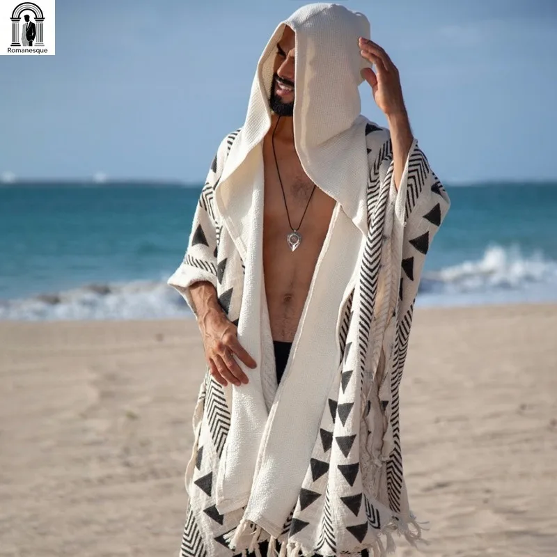 Men Hooded Long Cardigan Short Sleeve Open Front Kimono Robe Casual Loose Beach Cover Up Vacation Boho Oversized Trench Coat