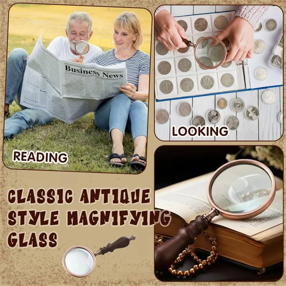 A1448K A1448K Magnifying Glass,10X Antique Copper Handheld with Wooden Handle and Real Glass,Best Reading Magnifier SUMMER - Aliexpress Deal
