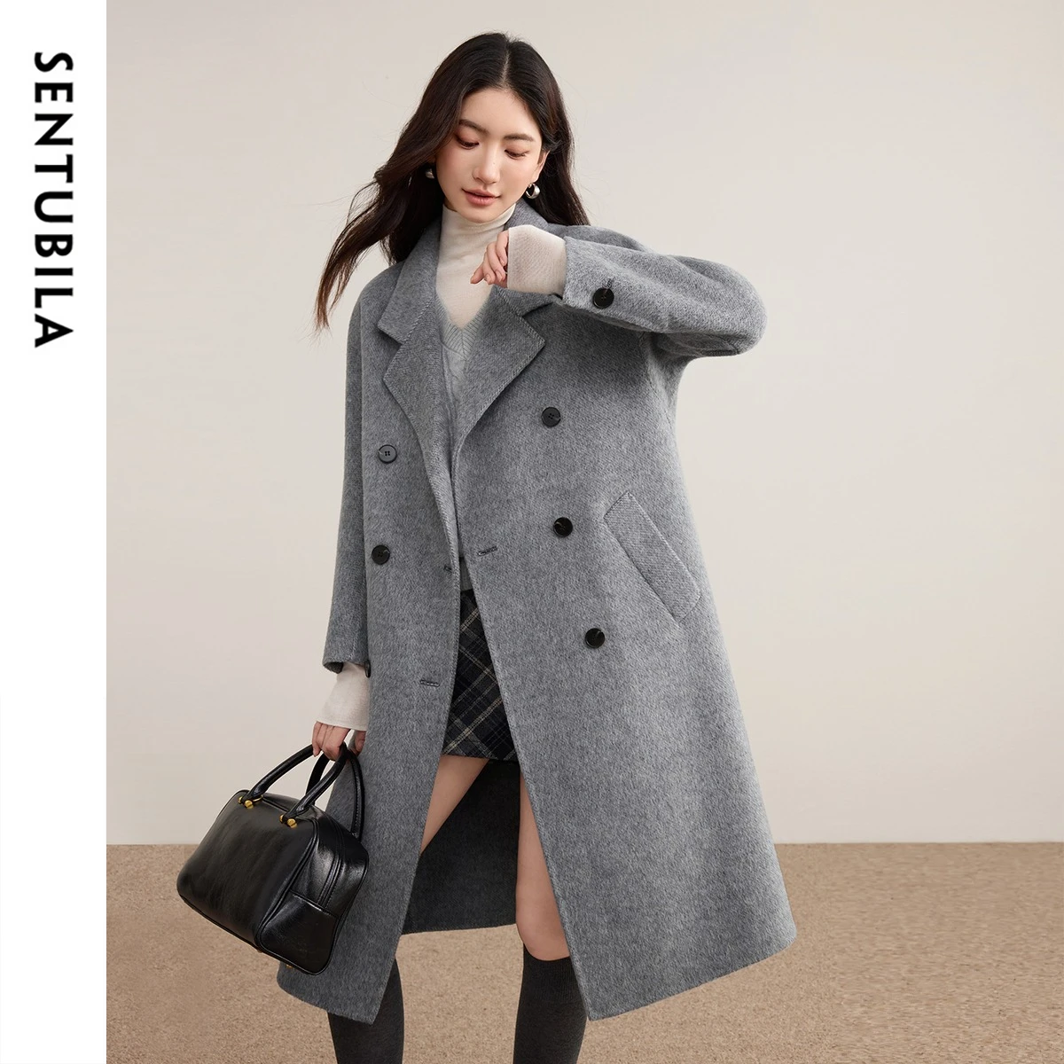 SENTUBILA Double-Faced Wool Coat for Women 2026 Winter Ladies British Style Gray Loose Long Overcoat Notched Lapel W54OA8790