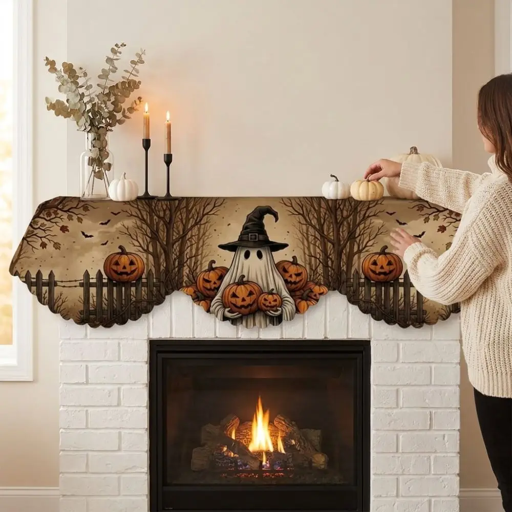 Scalloped Edge Halloween Mantel Scarf Haunted House Autumn Pattern Spooky Fireplace Topper Country-Style Pumpkin Theme