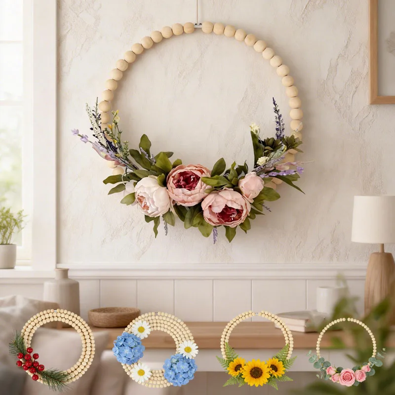 

Bohemian Style DIY Wooden Bead Ring Set Wedding Christmas Decoration Pendant Handmade Material Dream Catcher Net Flower Wreath