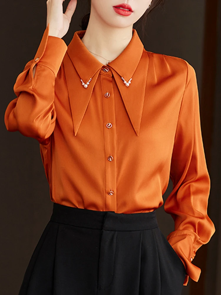 Chic Design Pointed Neck Turn Down Collar Bubble Long Sleeve Top Casual Shirt Women Clothing Solid Color Elegant Female Blouses