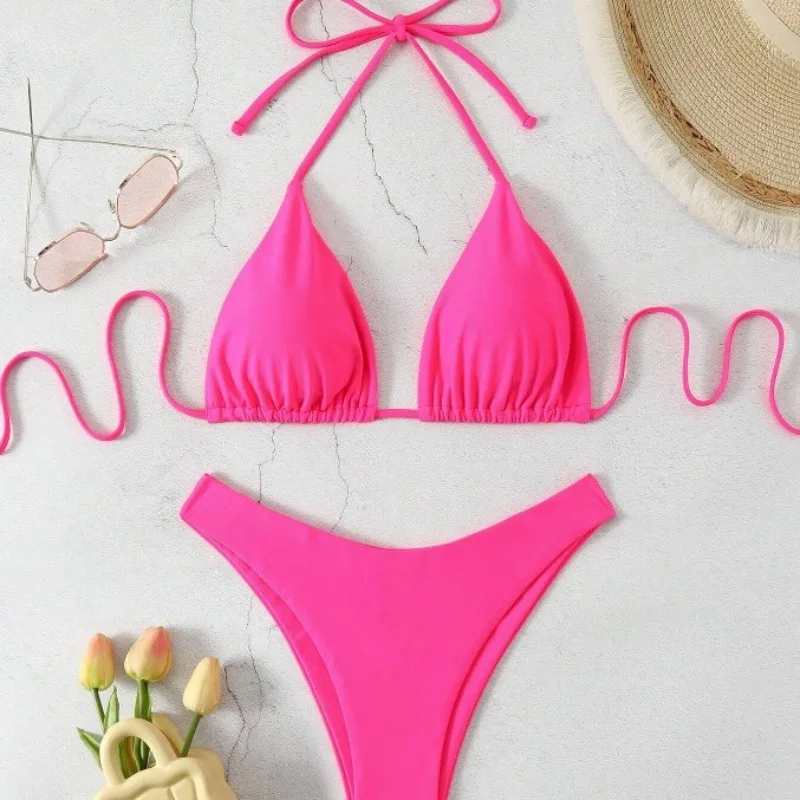 2025 feminino cor sólida halter tie bikini conjunto simples moda para praia maiô casual uso diário banho brasileiro
