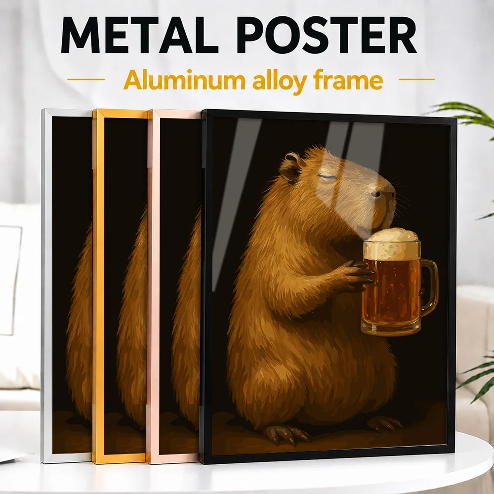 Capybara With Beer Metal Poster With Aluminum Alloy Frame Personalized Photo Playful Style Wall Art For Cafe Funny Friend Gift