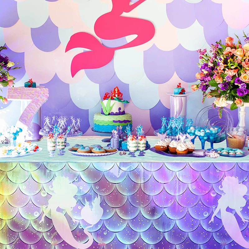 Laser Mermaid Birthday Table cloth Disposable 274×134cm Mermaid TableCover Under the Sea Theme 1st Birthday Party Decoration view 3
