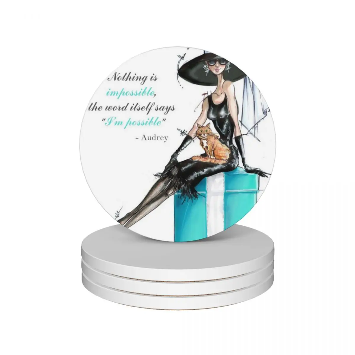 Audrey fashion illustration - Nothing is impossible! Ceramic Coasters (Set of 4) cup pads cup holder Coasters