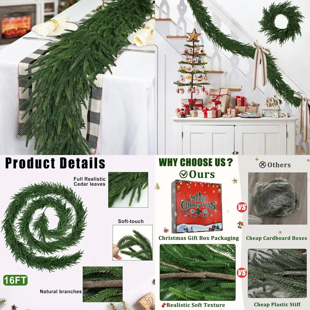 

Realistic 16FT Artificial Pine Garland with Real Touch, Greenery for Indoor/Outdoor Christmas and All-Season Decor
