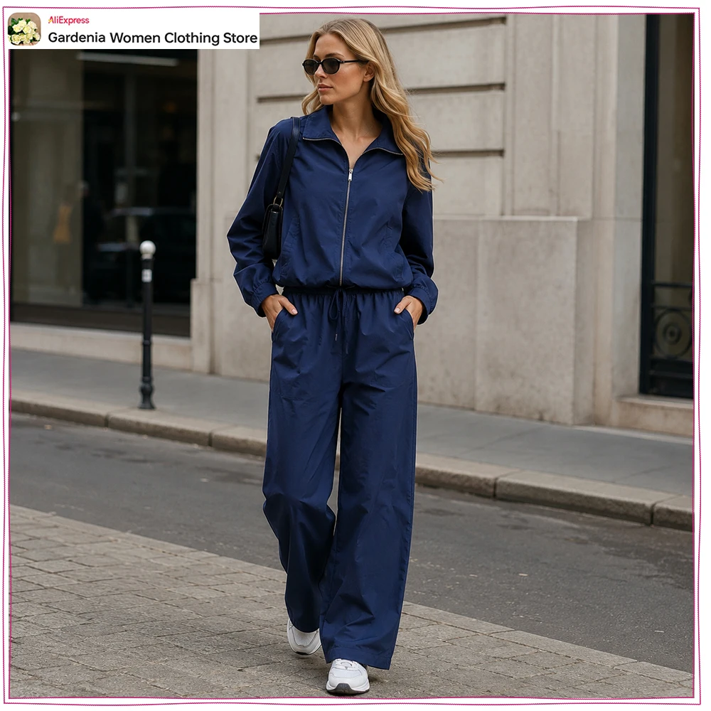 Women's Sports Pant Sets New Spring & Autumn Tracksuits High Collar Cropped Jacket Matching Tonal Elastic Waist Drawstring Pants