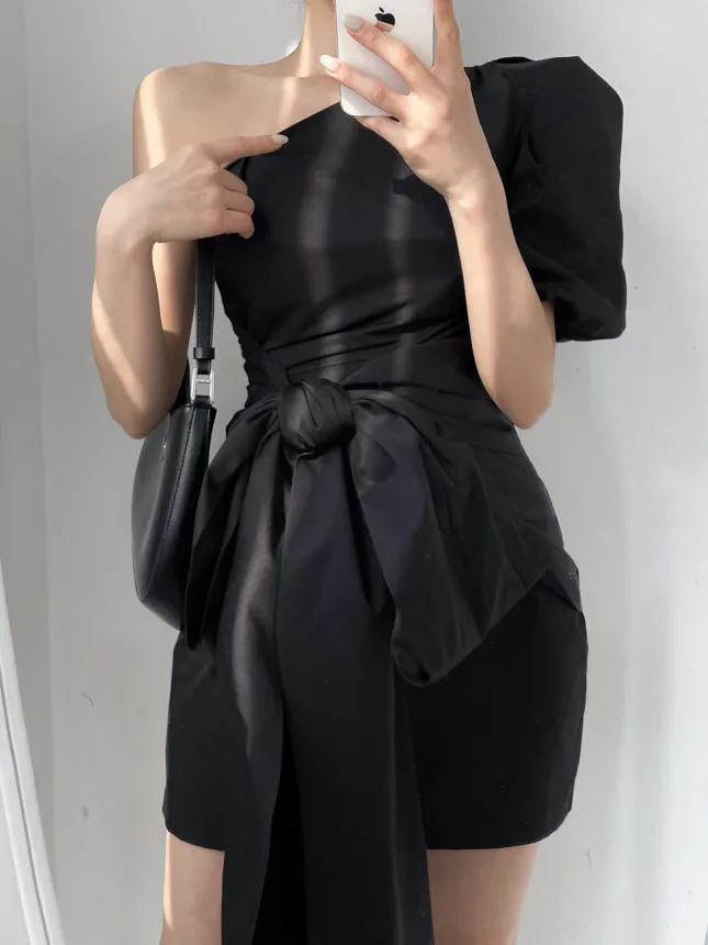 New Design Shoulder Bared  Knot Dress Women's Asymmetrical Korean Style Spring Autumn Winter Casual Online Exclusive