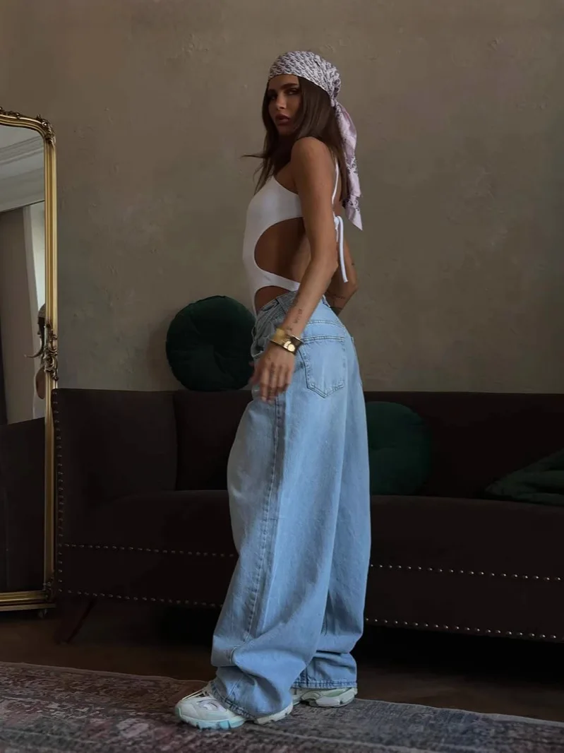 2025 High Waist Drawstring, Design Sense, Women Jeans, Loose Flared, Washed Light Blue, Women Wide Leg Pants