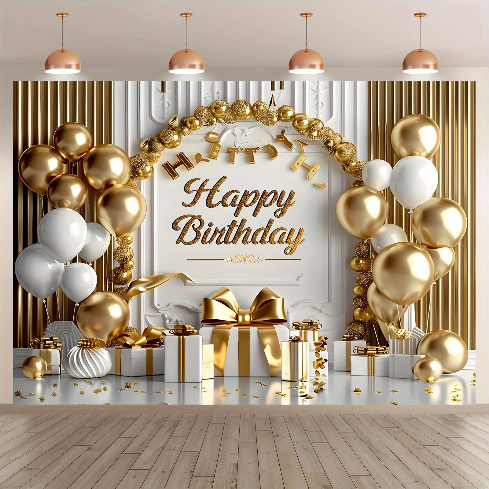 Multi functional Happy Birthday banner, paired with gold and white balloons and a large bow