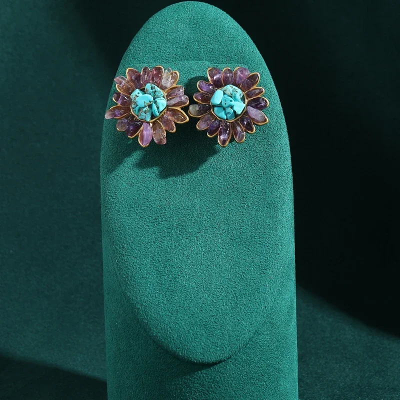 

Vintage Blue Turquoise Earrings Natural Stone Stud Sunflower Trendy 2025 Antique Jewelry Women Retro Luxury Designer Crystal